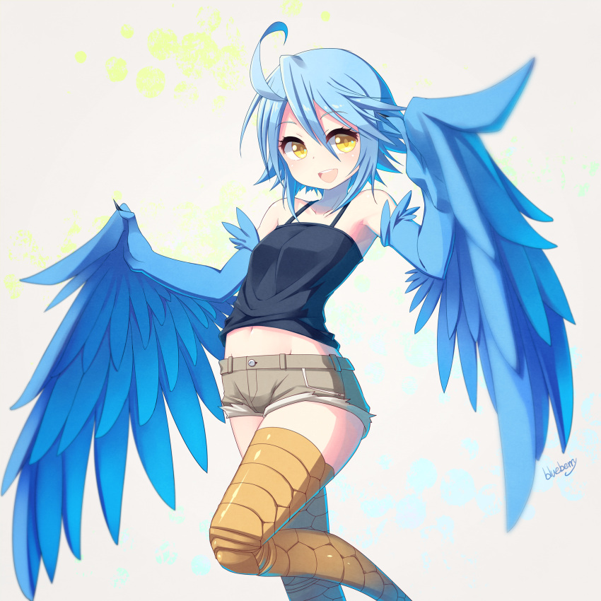 1girl :d ahoge bare_shoulders blue_hair blue_wings blueberry_(5959) blush feathered_wings harpy highres looking_at_viewer midriff monster_girl monster_musume_no_iru_nichijou navel open_mouth papi_(monster_musume) revision short_hair short_shorts shorts simple_background smile solo tank_top wings yellow_eyes
