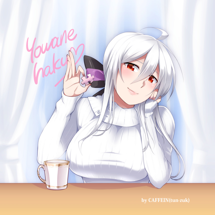 1girl absurdres ahoge blush breasts caffein coffee_mug hair_ribbon hand_on_own_cheek hand_on_own_face headphones highres large_breasts long_hair puzzle_piece red_eyes ribbon silver_hair smile solo sweater table vocaloid voyakiloid white_hair white_sweater yowane_haku