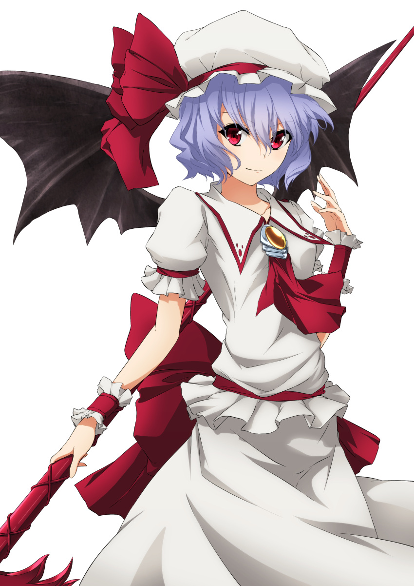 1girl absurdres aono_meri ascot bat_wings brooch dress hat hat_ribbon highres jewelry lavender_hair looking_at_viewer mob_cap puffy_sleeves red_eyes remilia_scarlet ribbon sash shirt short_hair short_sleeves simple_background skirt skirt_set smile solo spear_the_gungnir touhou white_background white_dress wings wrist_cuffs