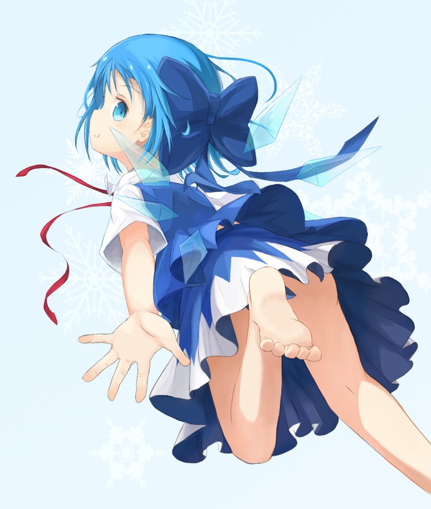 1girl bare_legs barefoot blue_dress blue_eyes blue_hair bow cirno convenient_leg dress hair_bow highres hoshifune ice ice_wings shirt short_sleeves smile solo touhou upskirt wings