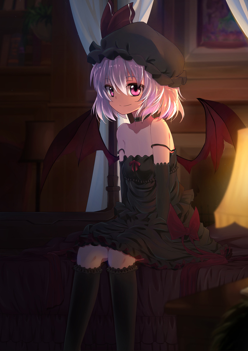 1girl alternate_costume bare_shoulders bat_wings black_dress black_gloves black_legwear caibao choker dark dress elbow_gloves gloves hat hat_ribbon highres kneehighs lavender_hair light looking_at_viewer mob_cap off_shoulder pink_eyes remilia_scarlet ribbon short_hair sitting sleeveless solo touhou wings