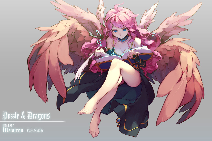 1girl ahoge angel_wings archangel_metatron_(p&amp;d) bare_legs black_dress blue_eyes book breasts character_name choker cleavage dress feathered_wings long_hair multiple_wings pink_hair puzzle_&amp;_dragons solo tennohi wings