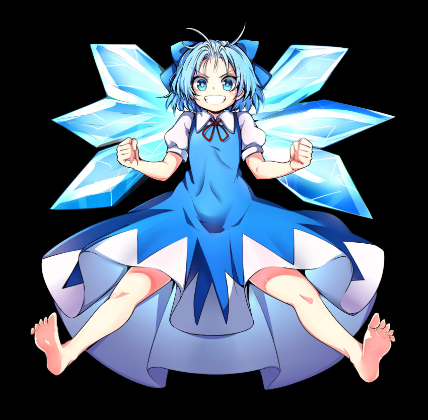 1girl absurdres baba_(baba_seimaijo) barefoot blue_eyes blue_hair bow cirno clenched_hands dress grin hair_bow highres ice ice_wings ribbon short_hair smile solo touhou wings
