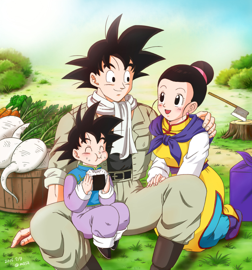 1girl 2boys :d ^_^ artist_name axe belt black_eyes black_hair carrot chichi chinese_clothes closed_eyes dated dragon_ball dragon_ball_super eating family father_and_son food highres husband_and_wife kneeling masa_(p-piyo) mother_and_son multiple_boys on_lap onigiri open_mouth outdoors sitting smile son_gokuu son_goten spiky_hair tree_stump turnip weapon