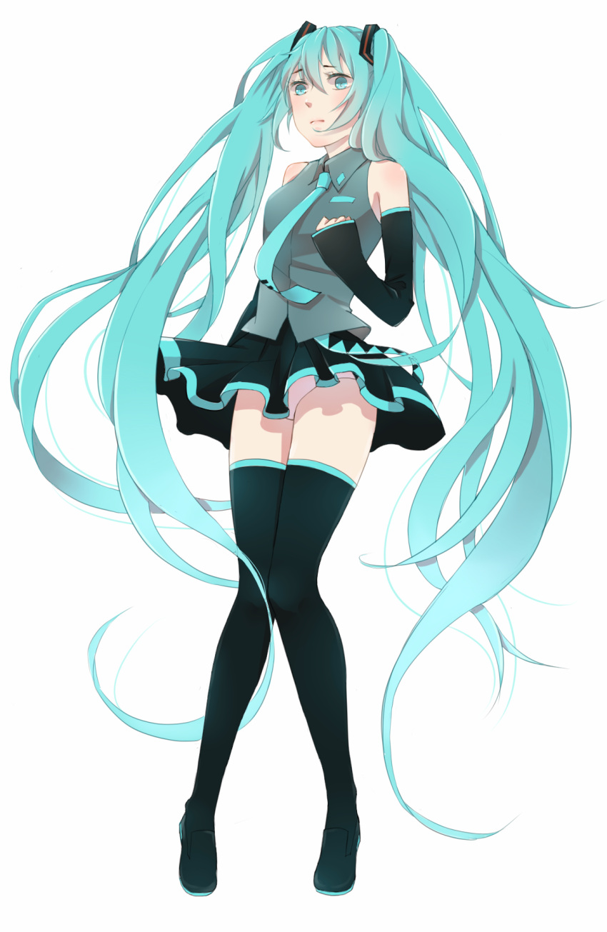 b-persimmon blue_eyes blue_hair clenched_hand detached_sleeves flats hair_ornament hatsune_miku highres long_hair miniskirt necktie panties pleated_skirt skirt thigh-highs twintails underwear very_long_hair vocaloid