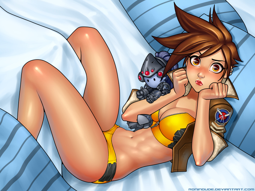 2girls absurdres amelie_lacroix bed bomber_jacket breasts brown_hair cleavage doll earrings highres jewelry lena_oxton lips looking_at_viewer multiple_girls navel overwatch pillow pout ronindude short_hair thighs tracer_(overwatch) widowmaker_(overwatch) zipper