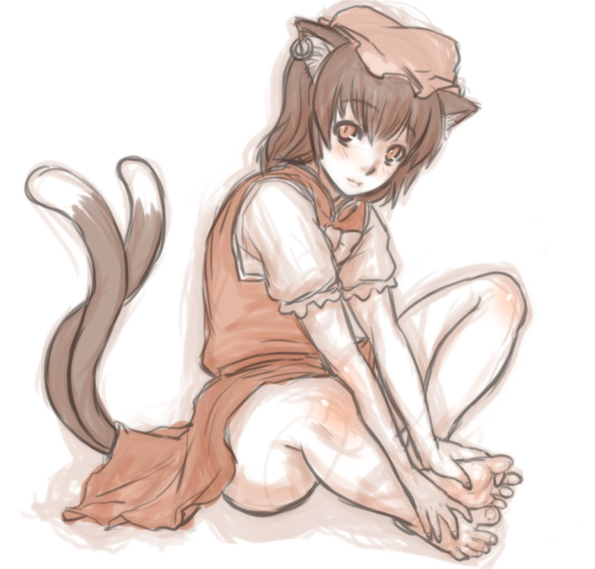 1girl animal_ears bare_legs barefoot cat_ears cat_tail chen dress ear_piercing jewelry kuro_suto_sukii leg_grab looking_at_viewer mob_cap multiple_tails nekomata piercing puffy_short_sleeves puffy_sleeves restricted_palette shirt short_sleeves single_earring solo tail touhou