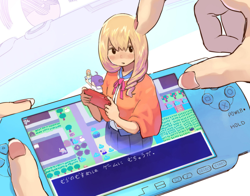 1girl ahoge blonde_hair blush bow fingernails game_console handheld_game_console long_hair looking_at_viewer looking_to_the_side original patting_head playing playstation_portable poring recursion solo_focus translated upper_body yosiyosii