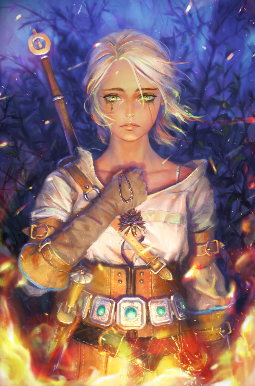 ciri dagger gloves green_eyes half_updo highres lips long_hair looking_at_viewer nababa parted_lips scar silver_hair solo sword tears the_witcher the_witcher_3 upper_body weapon