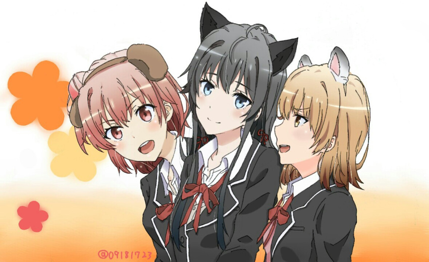 3girls animal_ears blazer cat_ears dog_ears isshiki_iroha multiple_girls nari school_uniform yahari_ore_no_seishun_lovecome_wa_machigatteiru. yuigahama_yui yukinoshita_yukino