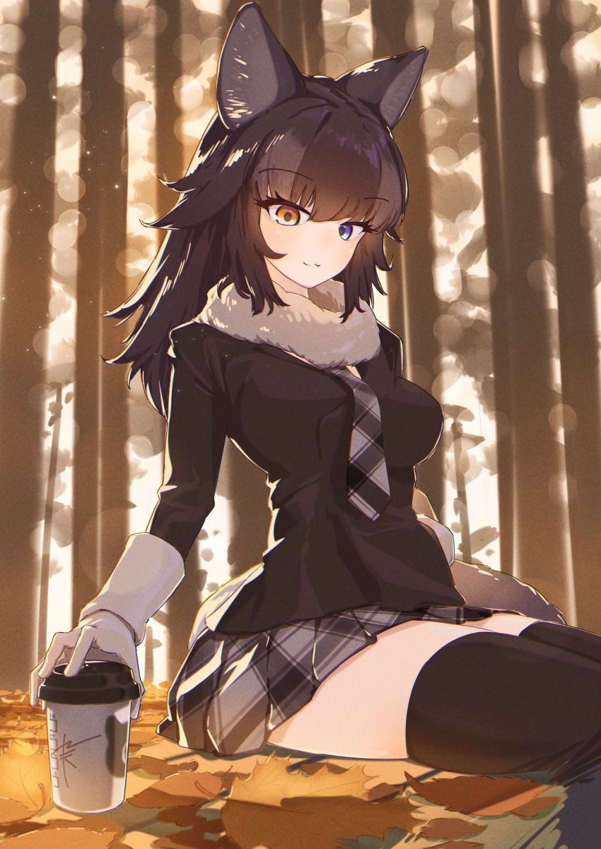 1girl 910m27r animal_ears autumn autumn_leaves black_hair blue_eyes blurry blush bokeh breasts coffee commentary_request depth_of_field eyebrows_visible_through_hair fur_collar gloves grey_wolf_(kemono_friends) heterochromia highres japari_symbol kemono_friends large_breasts long_hair long_sleeves multicolored_hair necktie plaid pleated_skirt skirt smile tail thigh-highs tsurime two-tone_hair wolf_ears wolf_tail yellow_eyes zettai_ryouiki