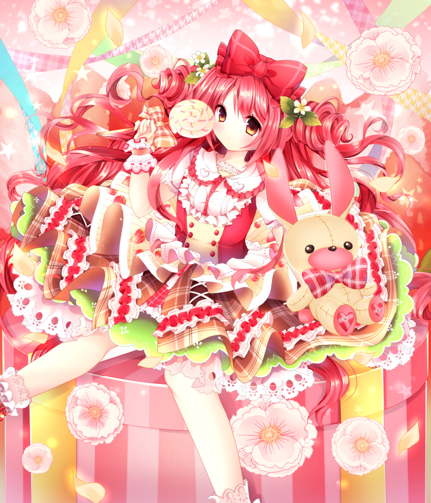 1girl bow candy drill_hair flower frilled_skirt frills gift hair_bow hair_flower hair_ornament highres kabako_(lilypicture410v) lollipop long_hair mille-feuille original personification redhead sitting skirt solo streamers stuffed_animal stuffed_bunny stuffed_toy very_long_hair white_legwear