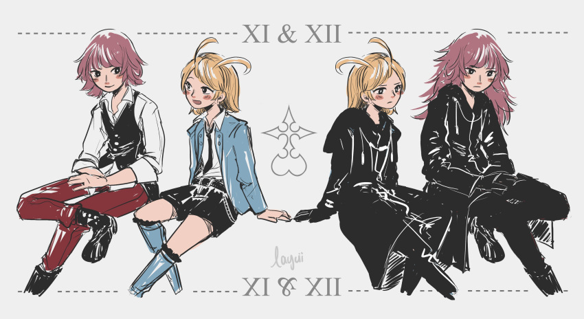 2boys 2girls absurdres artist_name blonde_hair blue_eyes elrena grey_background highres hooded_robe kingdom_hearts kingdom_hearts_unchained_x larxene lauriam laycii legs_crossed marluxia multiple_boys multiple_girls organization_xiii pants pink_hair red_pants shorts symmetry