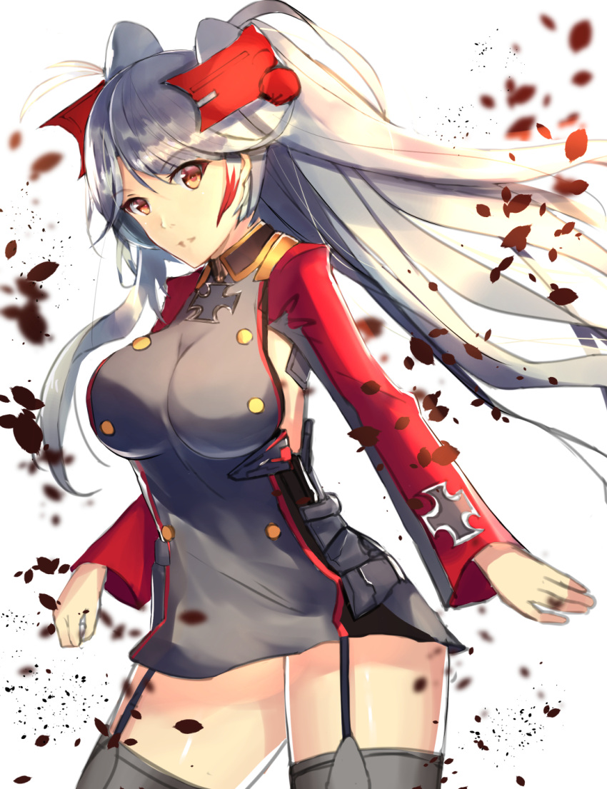 1girl antenna_hair azur_lane bangs blush breasts closed_mouth cross_choker eyebrows_visible_through_hair floating_hair garter_straps gloves hair_between_eyes headgear highres iron_cross large_breasts long_hair looking_at_viewer military military_uniform multicolored multicolored_clothes multicolored_hair neko-hime_(neko-hime) petals prinz_eugen_(azur_lane) redhead side_cutout sideboob silver_hair simple_background smile solo streaked_hair swept_bangs thigh-highs thighs two_side_up uniform very_long_hair white_background wind