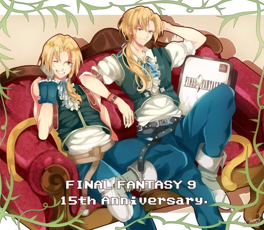 2boys age_comparison anniversary belt blonde_hair boots copyright_name couch final_fantasy final_fantasy_ix green_eyes highres jewelry long_hair looking_at_viewer momose_akira multiple_boys multiple_persona neck_ribbon necklace older one_eye_closed ponytail ribbon signature sitting sleeve_rolled_up smile tail vest wrist_cuffs zidane_tribal