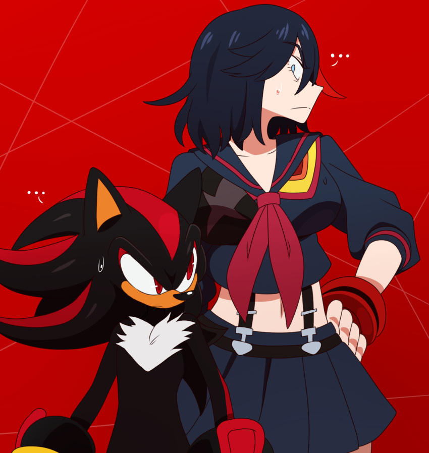 1boy 1girl crossover eric_lowery highres kill_la_kill matoi_ryuuko midriff red_background school_uniform senketsu serafuku shadow_the_hedgehog short_hair skirt sonic_the_hedgehog suspenders sweat