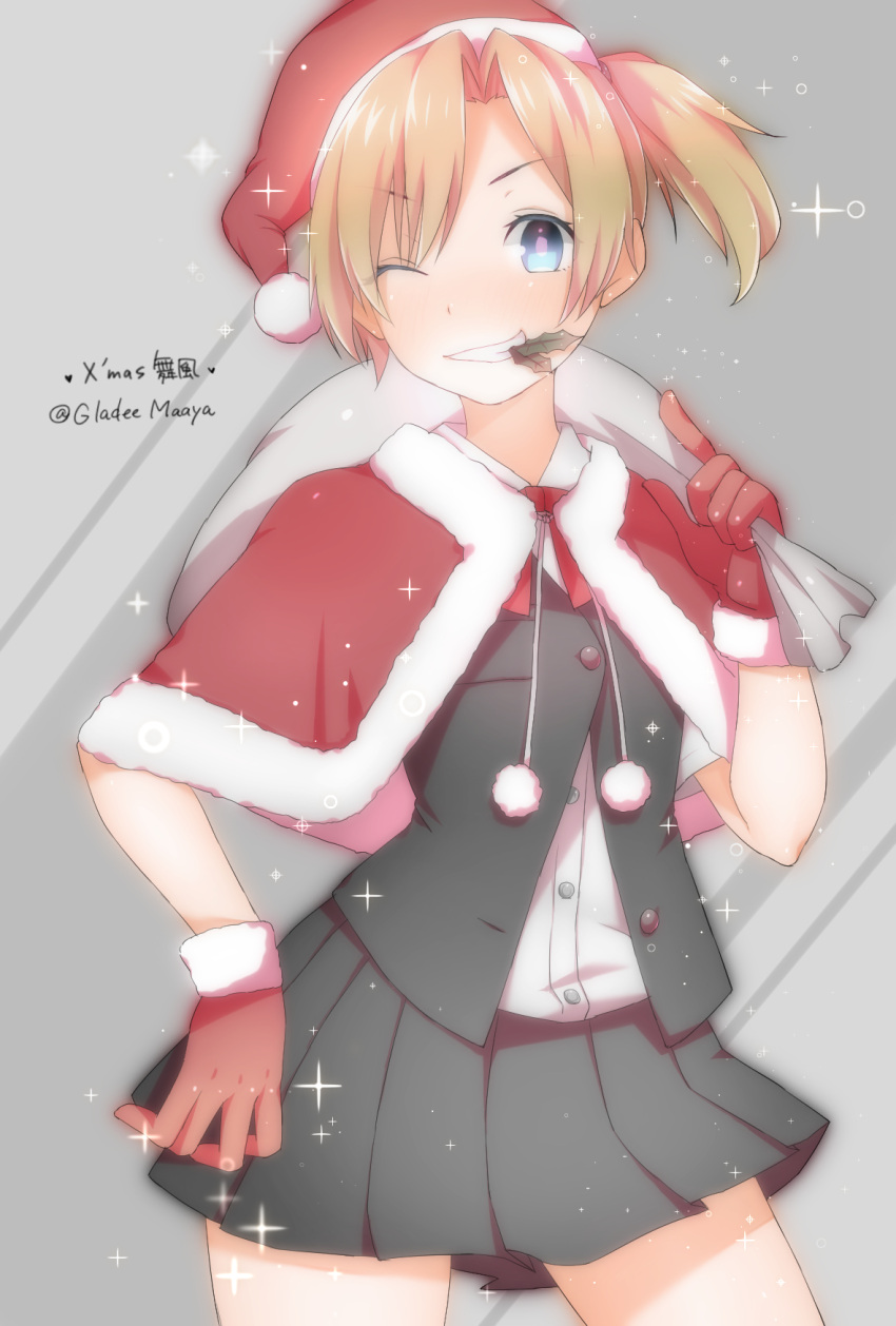 1girl ;d blonde_hair blue_eyes blush character_name christmas cowboy_shot gloves grey_background hat highres kantai_collection looking_at_viewer maikaze_(kantai_collection) mistletoe one_eye_closed open_mouth pleated_skirt red_gloves santa_hat side_ponytail simple_background skirt smile solo suiheisen twitter_username