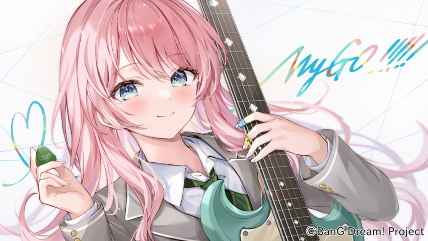 1girl bandaid bandaid_on_hand bang_dream! bang_dream!_it's_mygo!!!!! blazer blue_eyes chihaya_anon closed_mouth collared_shirt commentary_request diagonal-striped_necktie electric_guitar green_necktie grey_jacket guitar hair_between_eyes higeneko holding holding_instrument instrument jacket long_hair long_sleeves looking_at_viewer necktie official_art pink_hair plectrum school_uniform shirt simple_background smile solo upper_body white_background white_shirt