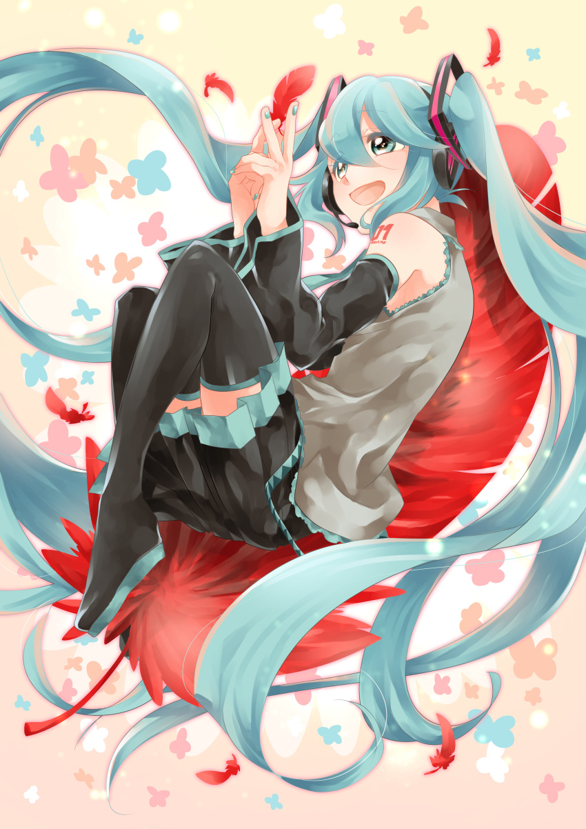 blue_eyes blue_hair boots feathers happy hatsune_miku high_resolution large_filesize long_hair nail_polish skirt tattoo twintails very_high_resolution vocaloid