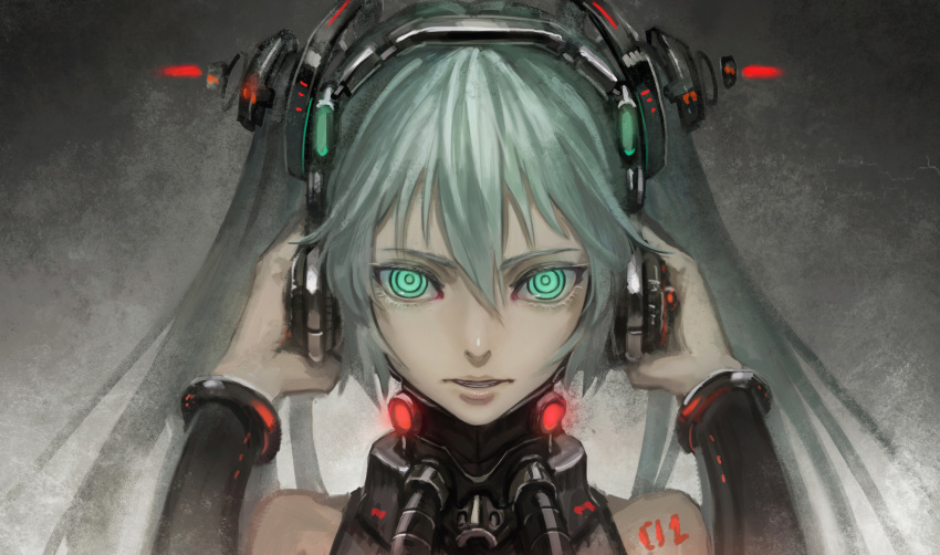 1girl aqua_eyes aqua_hair bare_shoulders bryanth glowing glowing_eyes hands_on_headphones hatsune_miku headphones highres long_hair long_sleeves looking_at_viewer parted_lips ringed_eyes silver_hair solo tattoo twintails upper_body vocaloid