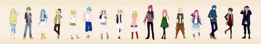 ahoge an_(pixiv_1170947) blonde blue_eyes blue_hair boots braid brown_hair choker dress genderswap green_eyes green_hair group gumi gumiya hair_ornament hairpin happy hat hatsune_miku hatsune_mikuo high_heels high_resolution hoodie jacket jewelry kagamine_len kagamine_lenka kagamine_rin kagamine_rinto kaito kamui_gakupo lily long_hair long_image megurine_luka megurine_luki meiko nail_polish one_eye_closed pants pantyhose pink_hair ponytail purple_hair red_eyes sandals scarf sf-a2_miki shoes short_hair shorts skirt smile sweater twintails very_high_resolution very_wide_image violet_eyes vocaloid wide_image wink