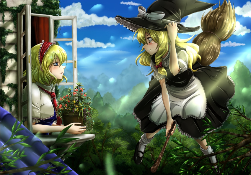 2girls alice_margatroid apron black_dress blonde_hair blue_dress blue_eyes blue_sky blush bow braid broom broom_riding capelet commentary dress eye_contact forest futagojima hairband hand_on_headwear hat hat_bow house kirisame_marisa lolita_hairband looking_at_another multiple_girls nature open_window plant potted_plant puffy_short_sleeves puffy_sleeves shirt short_sleeves single_braid sky smile touhou waist_apron witch_hat yellow_eyes