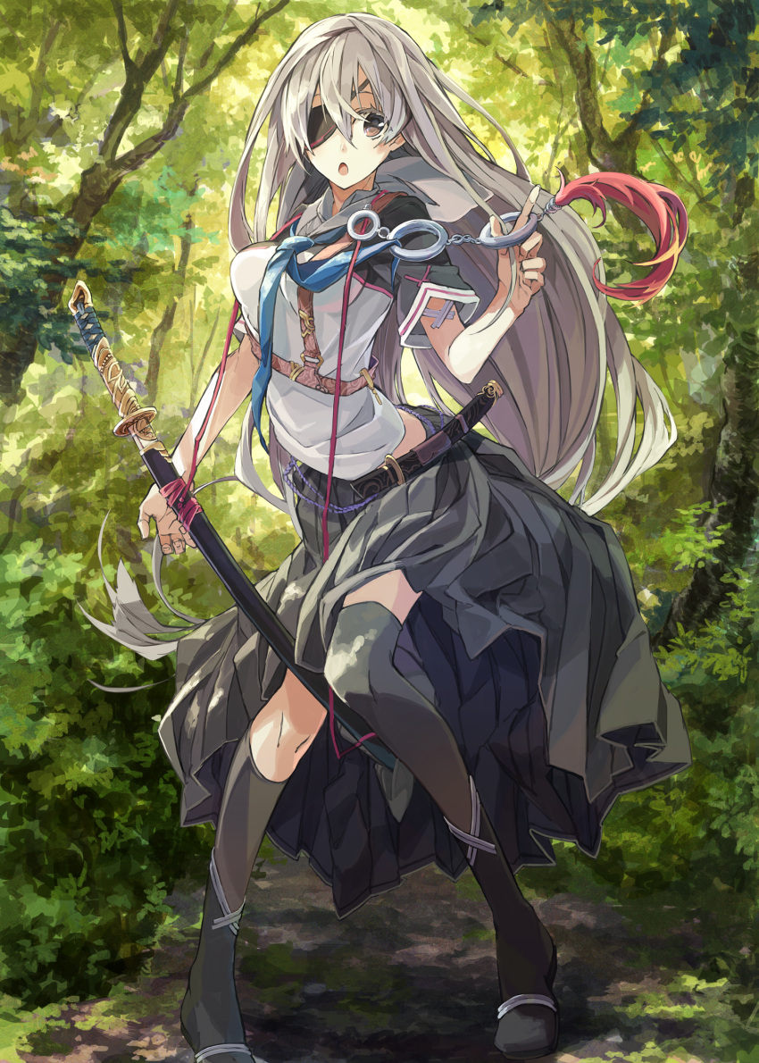 1girl :o black_eyes black_legwear breasts eyepatch falsehood highres katana long_hair looking_at_viewer million_arthur_(series) mismatched_legwear nature necktie original sheath short_sleeves silver_hair solo sword tree weapon