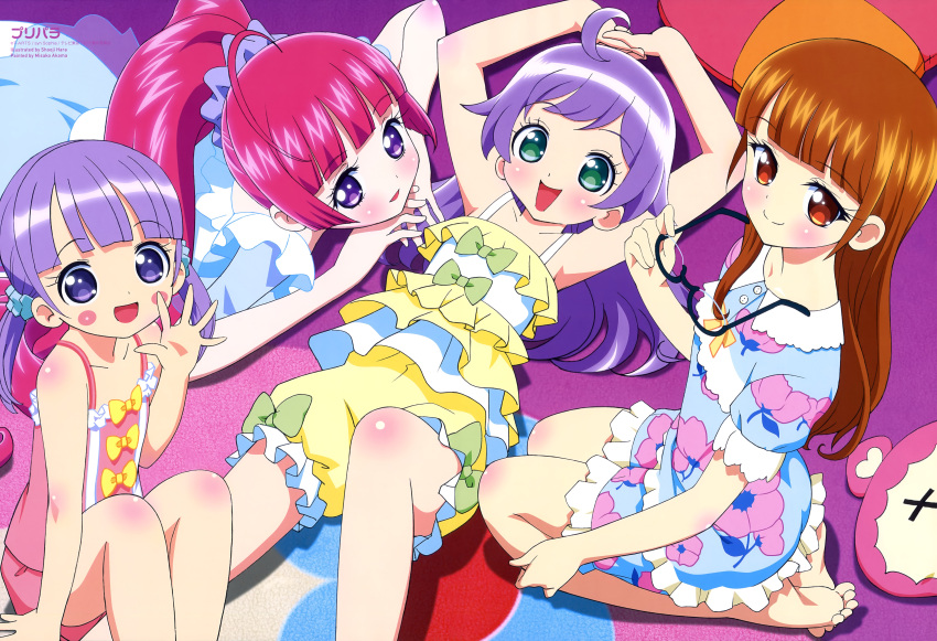 4girls absurdres ahoge akama_misako brown_hair glasses green_eyes hara_shouji highres kneeling legs long_hair looking_at_viewer lying manaka_lala manaka_non minami_mirei multiple_girls official_art on_back pink_hair ponytail pripara purple_hair red_eyes shiratama_mikan violet_eyes waving