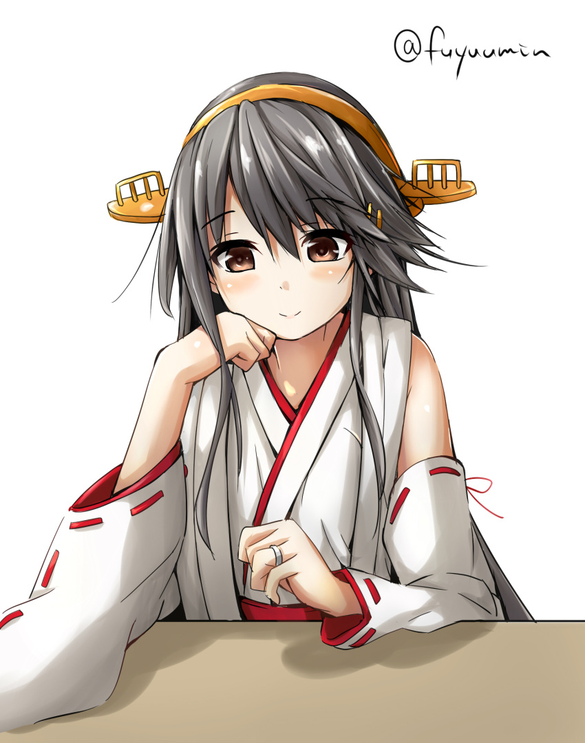 1girl bare_shoulders black_hair brown_eyes chin_rest detached_sleeves elbow_rest fuyu_mi hair_ornament hairband hairclip haruna_(kantai_collection) headgear highres japanese_clothes jewelry kantai_collection light_smile long_hair looking_down nontraditional_miko ring smile solo wedding_ring