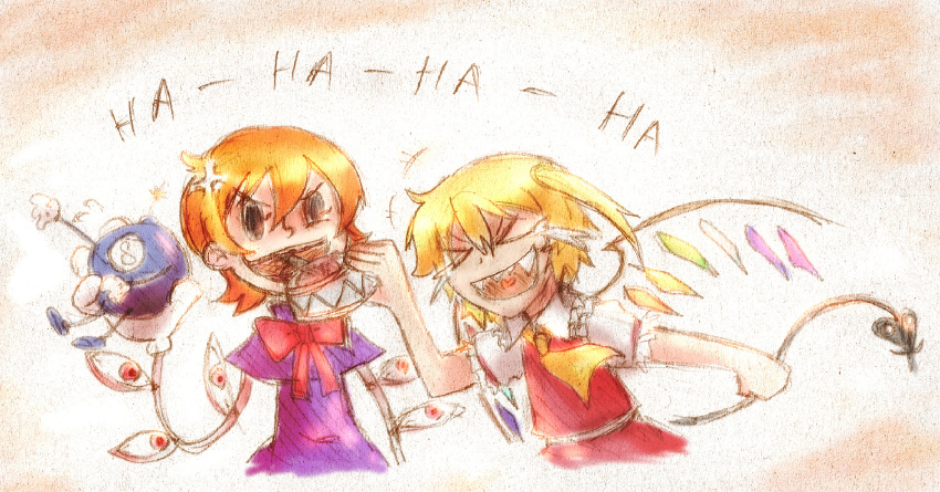 2girls :d anger_vein ascot blonde_hair bow crossover dress extra_eyes eye_socket faux_traditional_media flandre_scarlet george_the_bomb gloves heart heart_in_mouth highres holding holding_up laughing mechanical_arms multiple_girls no_hat open_mouth orange_hair peacock_(skullgirls) pulling red_eyes ribbon sharp_teeth short_hair side_ponytail skullgirls smile teardrop touhou white_gloves wings worthlessvalor