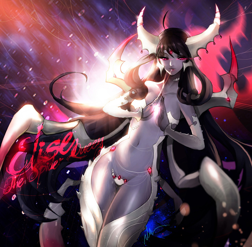 backlighting black_hair blurry character_name depth_of_field elise_(league_of_legends) forehead_jewel highres horns league_of_legends lens_flare long_hair nal_(nal's_pudding) red_eyes revealing_clothes signature silk spider_legs spider_web very_long_hair