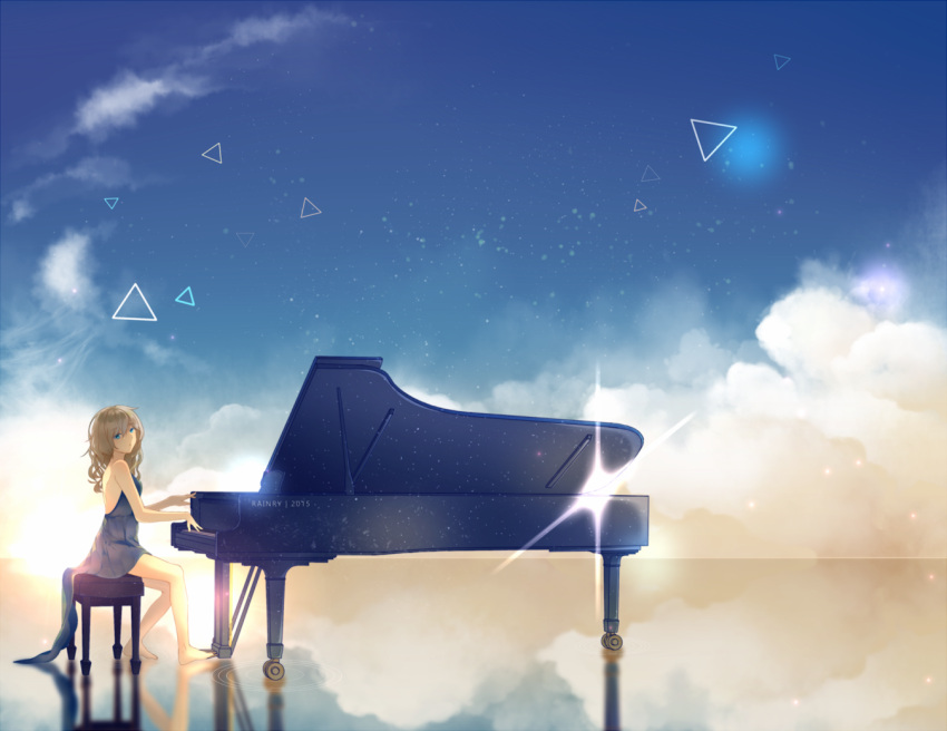 barefoot blue_eyes brown_hair dress feet instrument long_hair piano rainry sky water