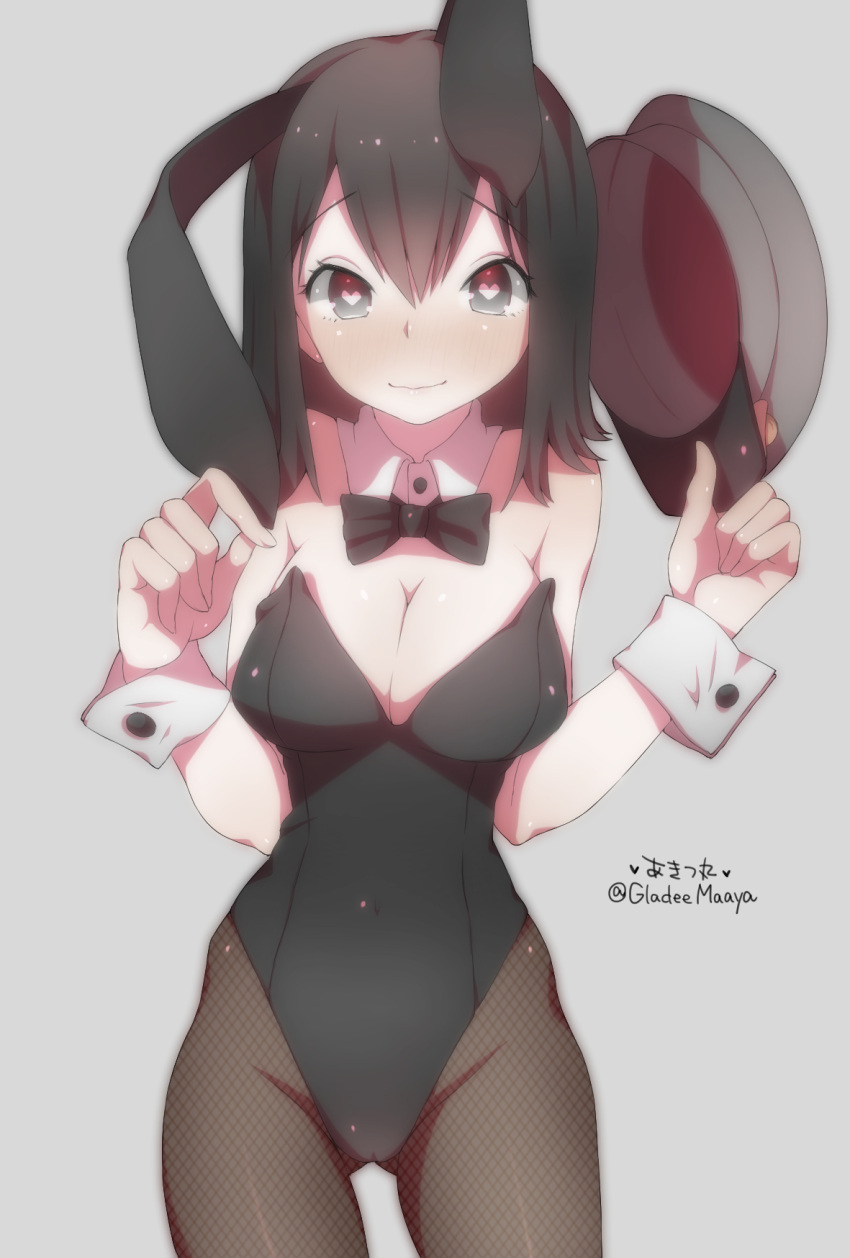 1girl akitsu_maru_(kantai_collection) animal_ears black_eyes black_hair blush bowtie breasts bunnysuit character_name cleavage covered_navel cowboy_shot detached_collar fake_animal_ears fishnet_pantyhose fishnets grey_background hat hat_removed headwear_removed heart heart-shaped_pupils highres kantai_collection looking_at_viewer pantyhose rabbit_ears simple_background smile solo suiheisen symbol-shaped_pupils twitter_username wrist_cuffs