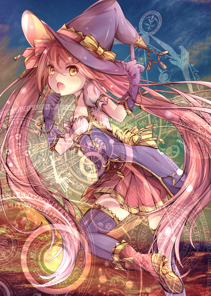 1girl boots dress gloves hair_ribbon hat highres long_hair looking_at_viewer looking_back magic_circle million_arthur_(series) open_mouth original pink_hair puffy_short_sleeves puffy_sleeves ribbon short_sleeves skirt solo thigh-highs tsukasa_shodo twintails witch witch_hat yellow_eyes zettai_ryouiki