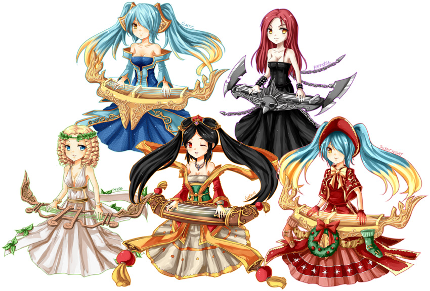 black_hair blonde blue_eyes blue_hair chain character_sheet curly_hair dress flower gloves group hair_bun happy hat instrument jewelry league_of_legends long_hair nail_polish one_eye_closed potential_duplicate red_eyes redhead smile sona_buvelle twintails urusai-baka wink yellow_eyes