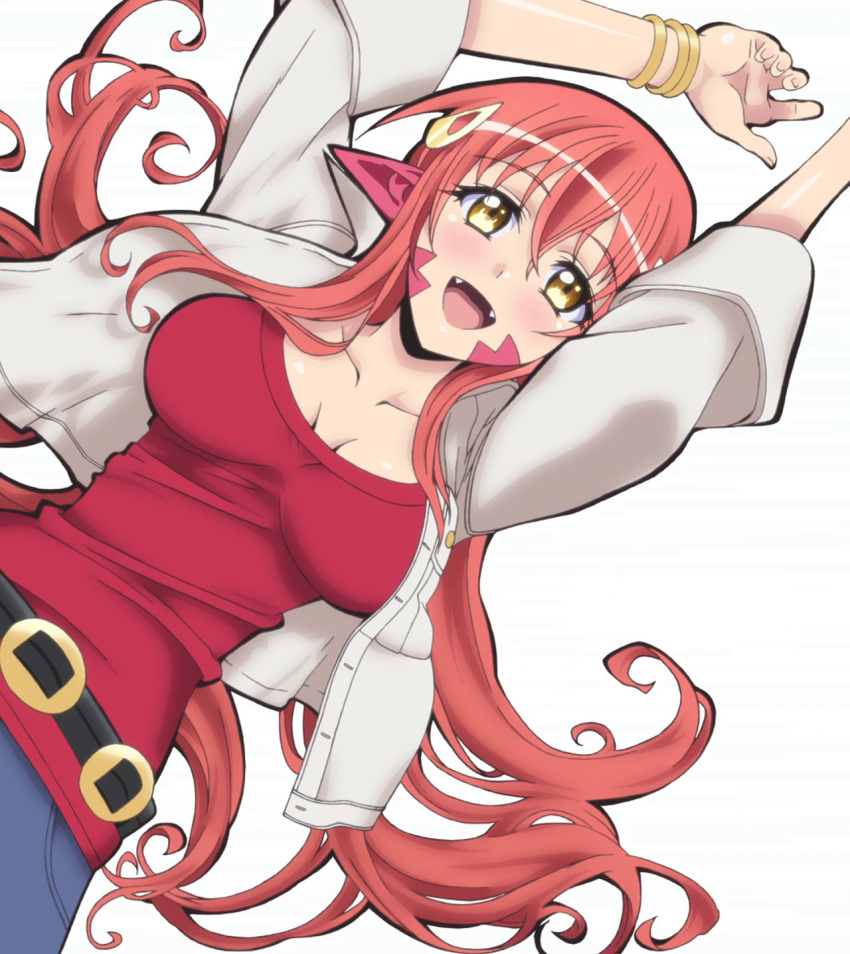 1girl :d bangle bracelet breasts breasts_apart collarbone eyecatch fangs hair_ornament hairclip highres jewelry lamia long_hair miia_(monster_musume) monster_girl monster_musume_no_iru_nichijou open_mouth pointy_ears redhead scales simple_background slit_pupils smile solo very_long_hair white_background yellow_eyes
