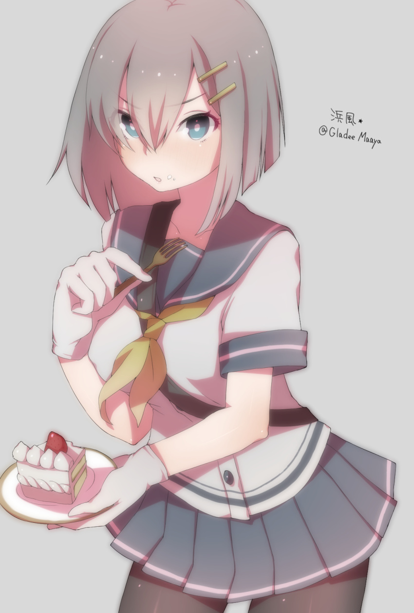 1girl black_legwear blue_eyes cake character_name collarbone cowboy_shot food food_on_face fork gloves grey_background grey_hair hair_ornament hairclip hamakaze_(kantai_collection) highres kantai_collection looking_at_viewer open_mouth pantyhose pastry plate pleated_skirt school_uniform serafuku simple_background skirt solo suiheisen twitter_username white_gloves