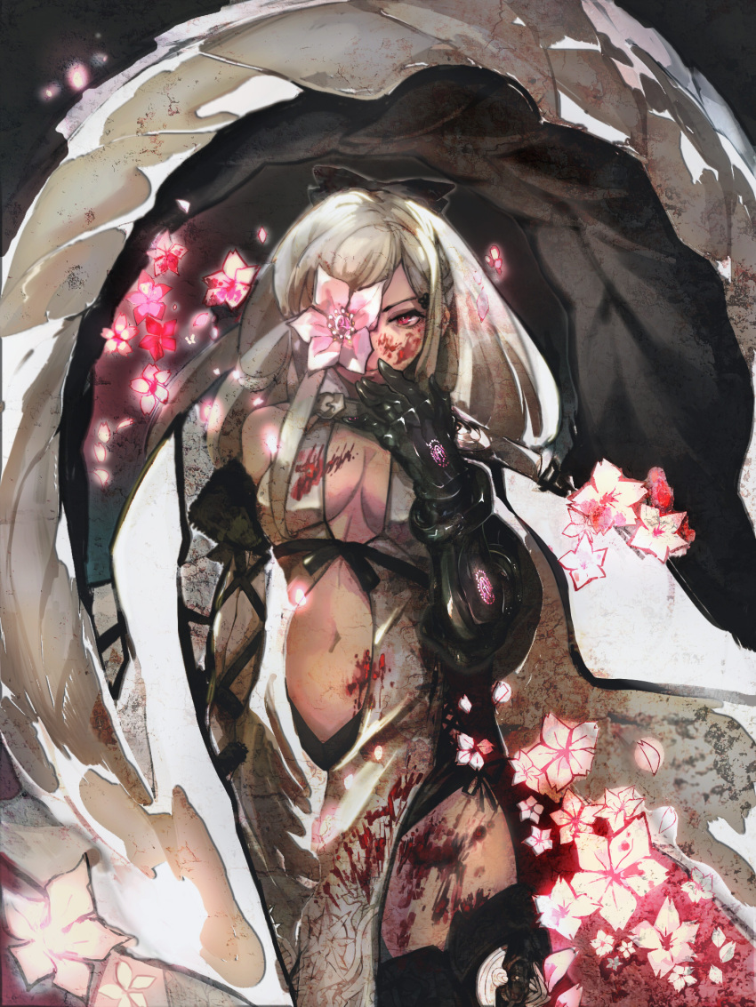1girl blood blood_on_breasts blood_on_face bloody_clothes breasts cleavage dark_skin drag-on_dragoon_3 flower flower_eyepatch gauntlets highres kohiu long_hair looking_at_viewer navel red_eyes solo white_hair zero_(drag-on_dragoon)