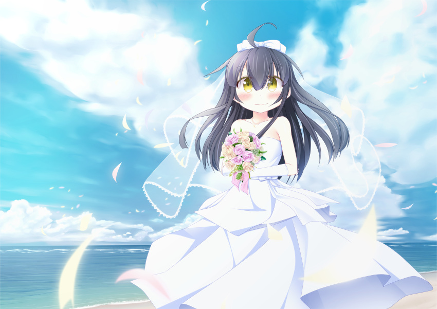 1girl anthropomorphization beach black_hair blush bouquet closed_mouth dress flower high_resolution holding_object kantai_collection large_filesize long_hair looking_at_viewer mikazuki_(kantai_collection) outdoors pixiv_id_1271034 png_conversion sky smile solo very_high_resolution wedding_dress white_dress white_outfit yellow_eyes