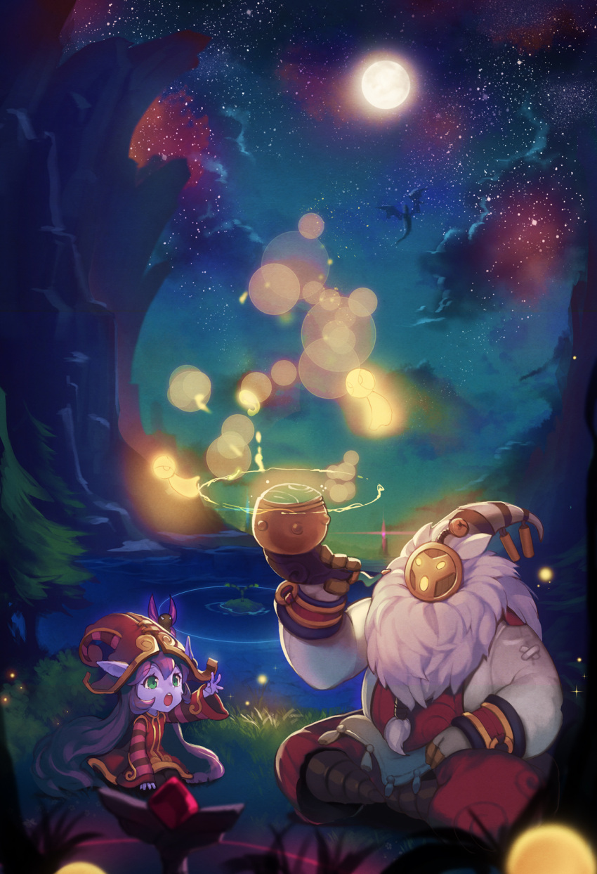 bard_(league_of_legends) beard bent_knees blue_skin clouds dakun dragon dress duo facial_hair female full_moon green_eyes hat high_resolution indian_style_sitting league_of_legends long_hair long_sleeves lulu_(league_of_legends) male mask moon night night_sky ocean open_mouth outdoors pointed_ears purple_hair red_dress red_hat red_headwear red_outfit sitting sky star_(sky) tree water