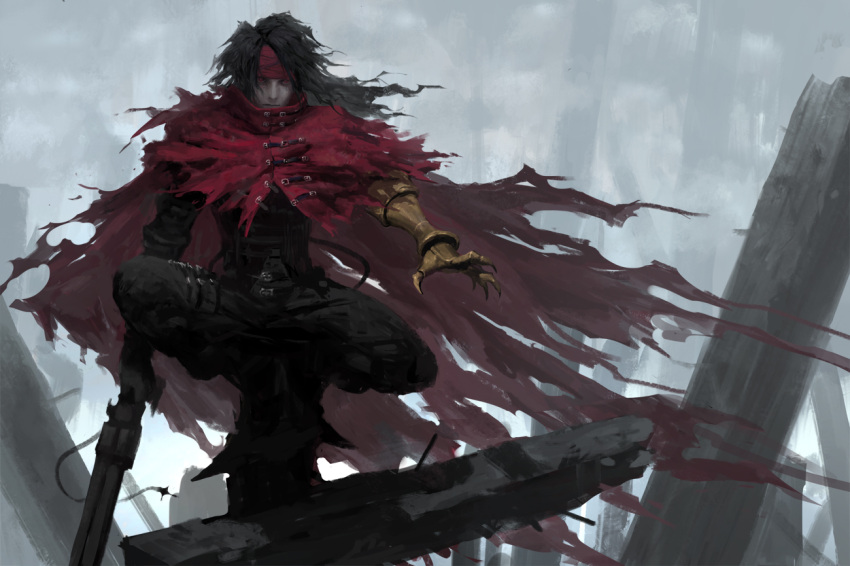 3:2_aspect_ratio bent_knees black_hair final_fantasy final_fantasy_vii gun holding_weapon long_hair male pixiv_id_4480561 solo torn torn_clothes vincent_valentine weapon