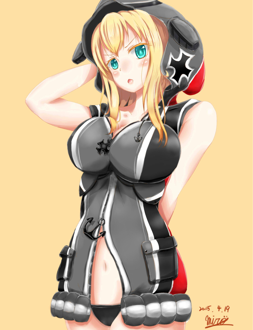 1girl adapted_costume aqua_eyes arm_behind_back bismarck_(kantai_collection) black_panties blonde_hair breasts chestnut_mouth cleavage colored hand_on_head highres kantai_collection large_breasts miro_(na_mi_da_iro) navel navel_cutout panties simple_background sleeveless sleeveless_hoodie solo track_jacket underwear yellow_background