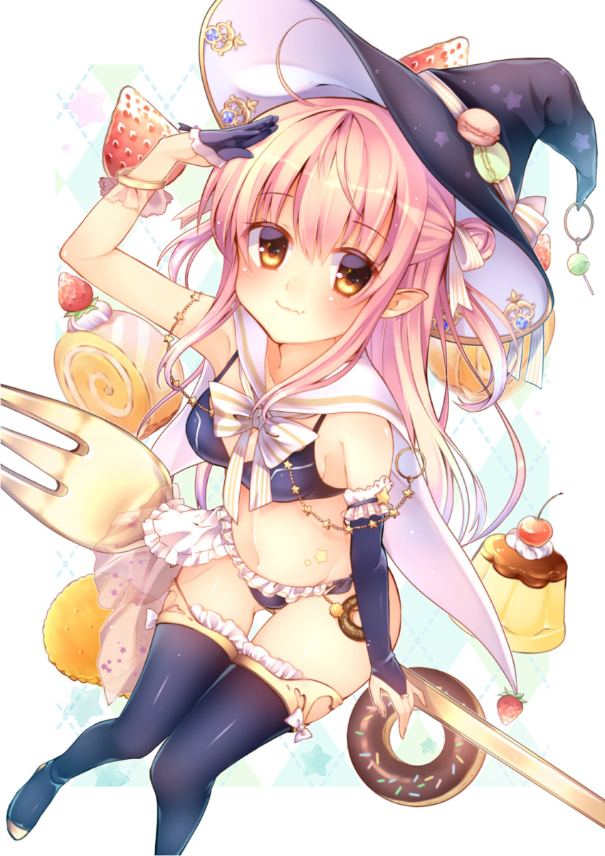 amber_eyes bikini candy cherry cream doughnut female food food_as_clothes food_themed_clothes fruit hat high_resolution lollipop long_hair macaron midriff million_arthur_irakon_ma original pink_hair pixiv_id_8018529 pointed_ears pudding silverware solo star_(symbol) strawberry sweets swimsuit witch_hat