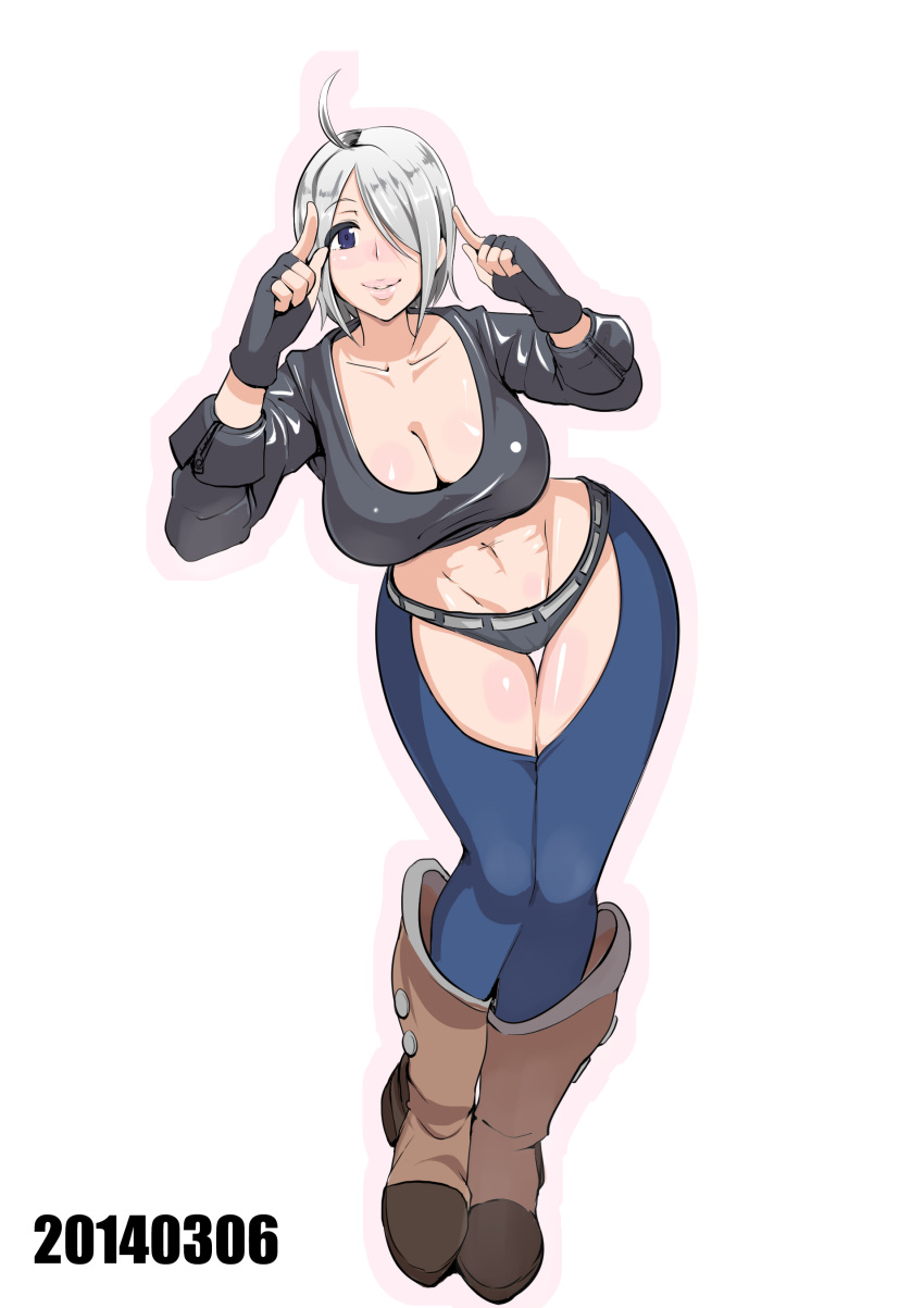 1girl absurdres ahoge angel_(kof) are_(arearee) black_gloves blue_eyes blue_legwear boots breasts cleavage collarbone dated fingerless_gloves gloves hair_over_one_eye highres king_of_fighters large_breasts looking_at_viewer midriff navel panties short_hair silver_hair smile solo thigh-highs underwear white_background