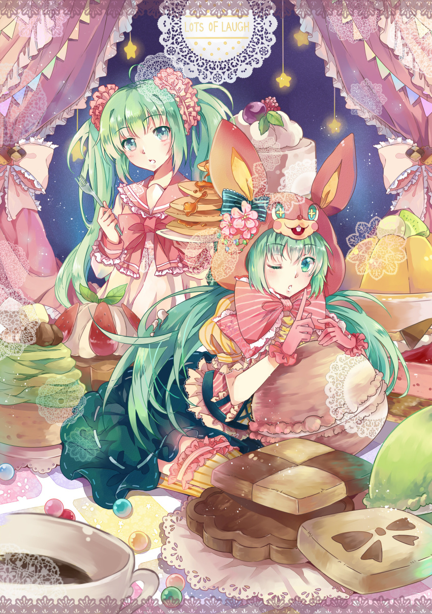 2girls animal_ears animal_hood aqua_eyes aqua_hair bow bunny_hood collar_(clothes) cookie cuffs cuffs_design curtains doily duo english_text female food frilled_bow frilled_collar frilled_cuffs frilled_skirt frills gloves hanging_star hatsune_miku high_resolution hood lace_background long_hair long_sleeves looking_at_viewer lots_of_laugh macaron multicolored_legwear multiple_girls multiple_persona one_eye_closed open_mouth pink_bow pink_gloves pink_handwear pink_neckwear pixiv_id_14793912 puffy_sleeves rabbit_ears short_sleeves skirt song_title star_(symbol) striped striped_bow striped_legwear striped_print sweets teal_skirt text text:_source_name thigh-highs twintails vertical-striped_legwear vertical_stripes very_high_resolution vocaloid wink