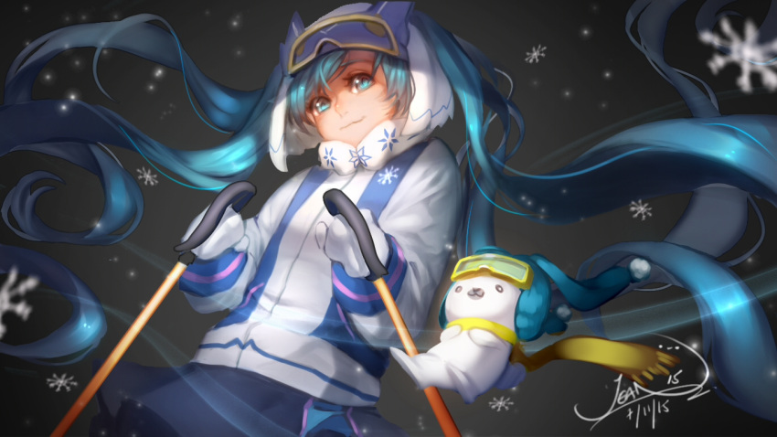 1girl blue_eyes blue_hair blue_skirt clothed_animal hat hatsune_miku long_hair looking_at_viewer rabbit scarf skirt smile snowflakes solo twintails very_long_hair vocaloid yuki_miku