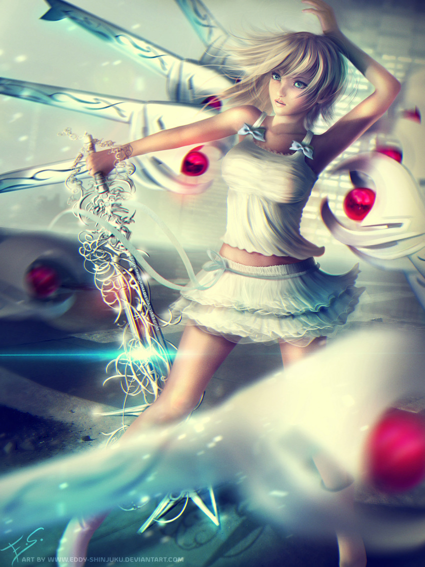1200x1600_wallpaper 3:4_ratio artist_name blonde blue_eyes blurry blurry_background bow dead_fantasy eddy_shinjuku english_text exposed_shoulders fanart_from_deviantart female fighting hand_in_air high_resolution holding_weapon keyblade medium_hair namin&eacute; one_arm_up realistic ribbon shirt shoes shoulder_strap signature skirt sleeveless sleeveless_shirt solo standing strap text wallpaper weapon web_address white_bow white_footwear white_outfit white_ribbon white_shirt white_skirt