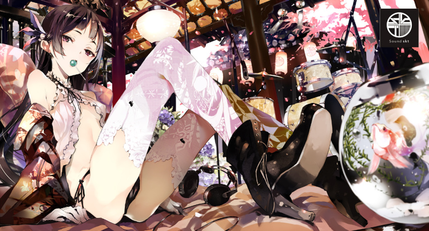 ass black_hair boots brown_eyes candy drum drum_set fish fishbowl goldfish hair_ornament headphones instrument lollipop long_hair looking_at_viewer microphone mouth_hold open_clothes original panties shunsei_(muratou) side-tie_panties sitting studio_microphone thigh-highs underwear