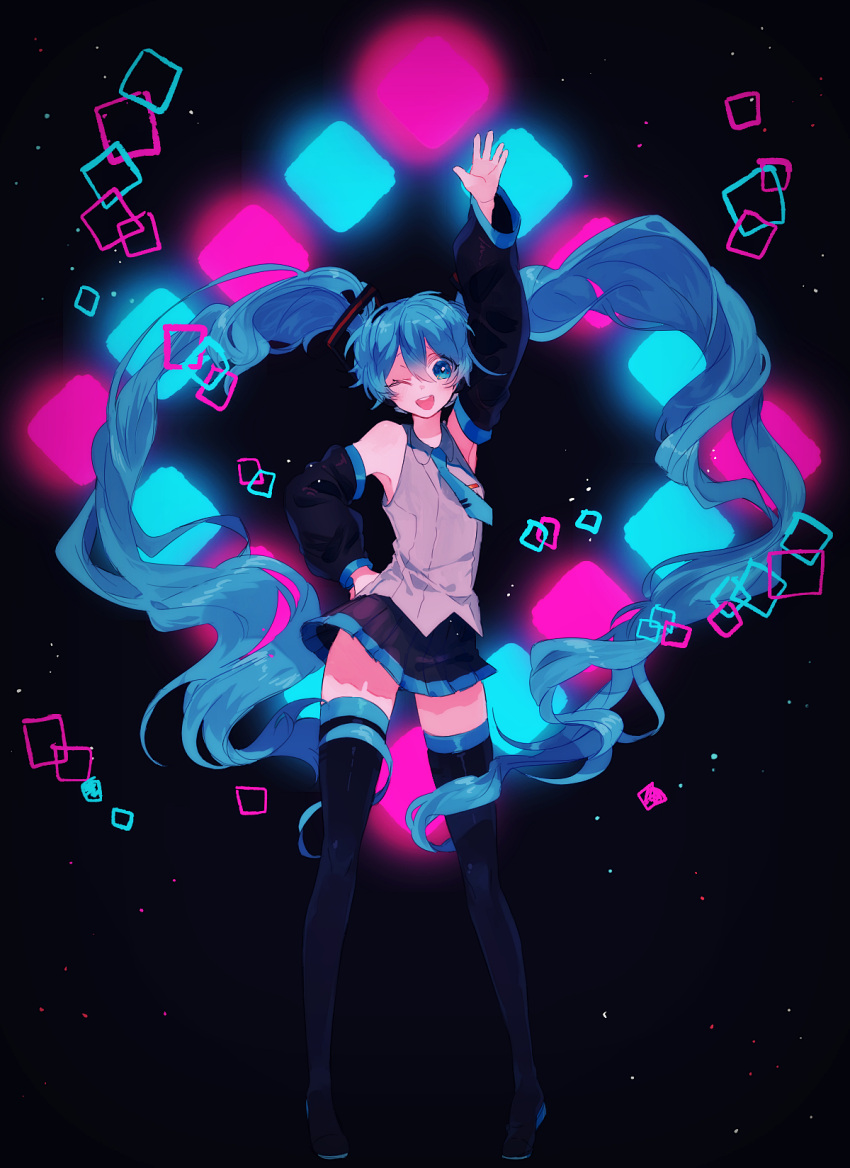 black_footwear black_legwear black_skirt blue_eyes blue_hair blue_neckwear blush collar_(clothes) detached_sleeves exposed_shoulders female full_body gray_shirt hatsune_miku high_resolution long_hair long_sleeves necktie one_arm_up one_eye_closed open_mouth pixiv_id_4282910 pleated pleated_skirt png_conversion shirt skirt sleeveless sleeveless_shirt smile solo thigh-highs twintails vocaloid wink