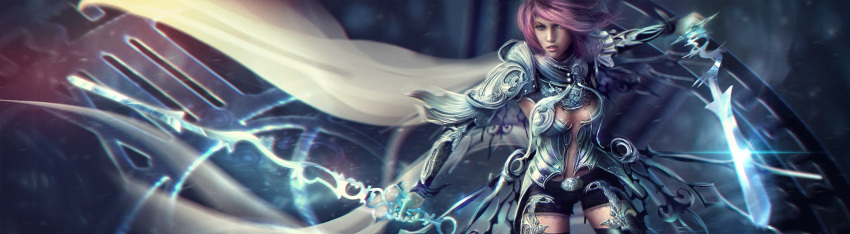 armor belt belt_buckle black_shorts blurry_background breasts buckle cape cleavage dual_wielding eddy_shinjuku fanart_from_deviantart female final_fantasy final_fantasy_xiii high_resolution holding_weapon lightning_farron long_hair long_image long_sleeves looking_ahead medium_hair open_mouth pauldron pink_hair realistic serious shorts solo transparent_clothes weapon white_outerwear wide_image